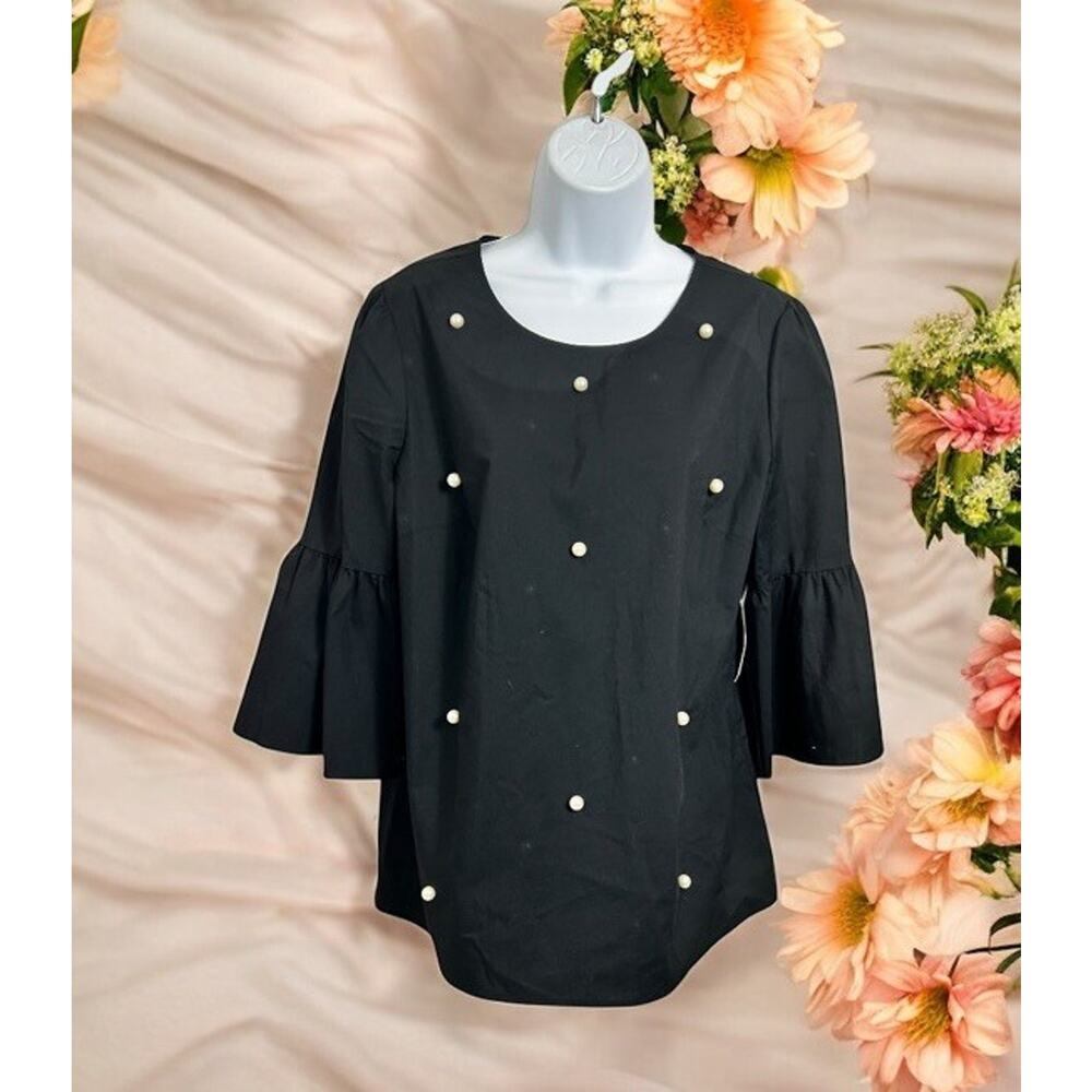 ANA Black Pearl Blouse Sz Large Flounce 3/4 Sleeves Versatile Minimalist Top NEW